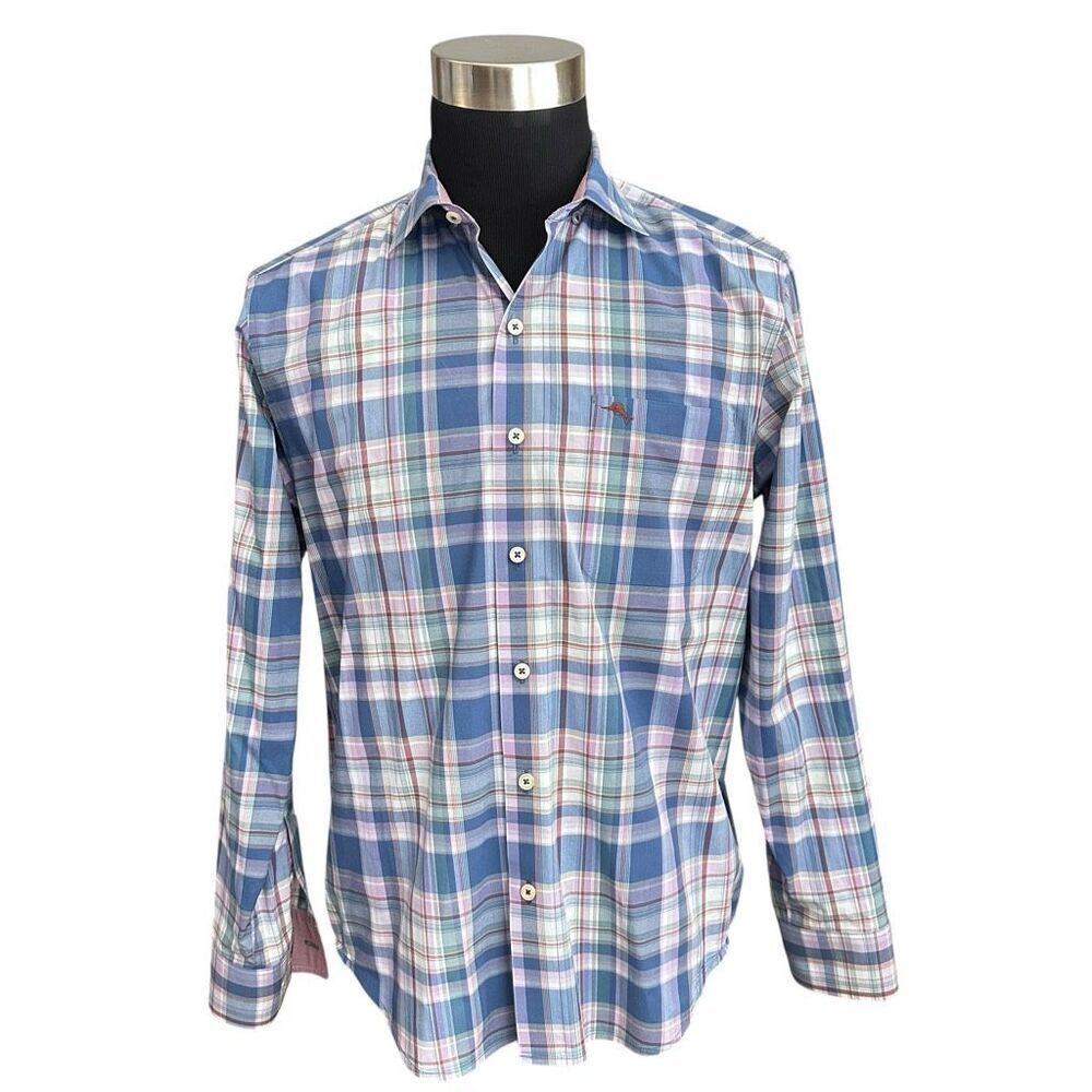 Tommy Bahama Newport Coast Blue MultiCheckPrint Buttoned Longsleeve Logo Shirt M
